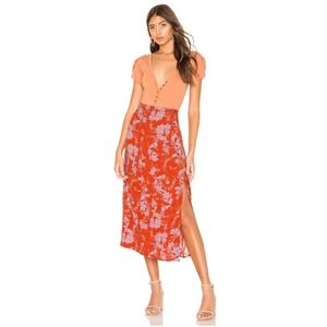 Free People Retro Love Red Floral Button Front Midi Skirt Boho Size 4